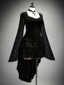 SHEIN ICON Women's Plus Size Sweetheart Neckline Bell Sleeve Mesh Patchwork Black Top - Black - View 4