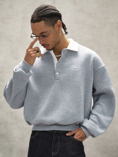 Manfinity Homme Men's Plus Size Pullover Sweatshirt, Short Length, Small Printed Logo, Casual Sports, Turn Collar Button, Heather Grey, Outdoor Travel