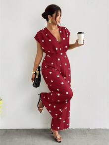 Firerie Plus Size Fashion Polka Dot Print Pleated Loose Jumpsuit - Burgundy - View 5