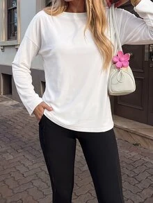 SHEIN PariChic Women's Elegant Comfortable Long Sleeve Loose Fit Back Hollow Drawstring Tie Design Yoga Sports Top - White - View 3
