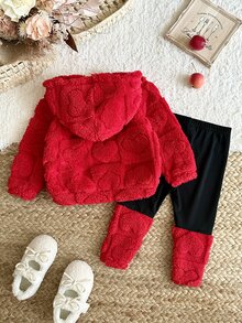 SHEIN 女嬰針織純色愛心圖案人造毛連帽休閒衛衣與拼接長褲2件套 - 彩色 - 查看 2
