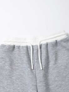SHEIN Tween女孩長褲，青少年風格針織淺灰色花卉寬鬆休閒百搭對比色抽繩寬腿運動褲 - 灰色 - 查看 5