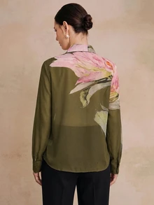 Anewsta Essential Spring/Summer New Elegant Fashion Floral Print Chiffon Long Sleeve Blouse For Women, Suitable For Outing, Party, Holiday, Vacation And Professional Occasions - Army Green - View 6