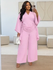 Poshavie Poshavie طقم نسائي فاخر عصري بمقاسات كبيرة، قطعتان بتصميم مريح مع تجاعيد وانسدال وتأثير تنحيف، مناسب للتسوق والتنقل والملابس العملية - وردي - مشاهدة 3