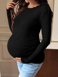 SHEIN Maternity Solid Color Casual Versatile Daily Wear Long Sleeve T-Shirt - Black - View 6