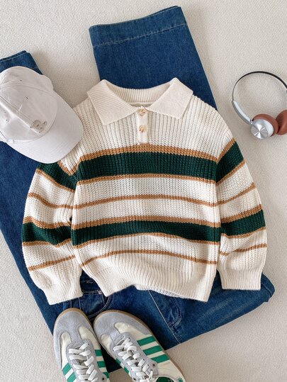 Baby Boy Autumn/Winter Fashion Striped Color Block Half-Zip Knit Sweater Long Sleeve, Soft Comfortable Fabric Skin-Friendly Warm, Daily Outing Travel Essential Item Minimalist, Casual Handsome Style Energetic Sunny Cute Adorable, High-Quality Fabric Delicate Soft Light, Multi-Scenario Wear Practicality Strong Worth Owning
