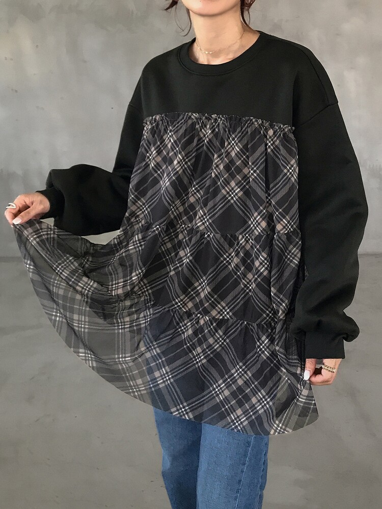 FRIFUL 女款休閒格子拼接運動衫，秋季 - 黑色 - 查看 4