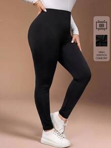 SHEIN BASICS 大尺碼女款保暖刷毛純色彈性腰休閒柔軟修身百搭內搭褲 正式健身適用 黑色 秋冬 - 彩色 - 查看 3