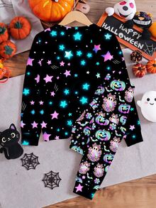 SHEIN 萬聖節限量發光版！青少年女孩可愛豹紋幽靈、蝙蝠、南瓜、蝴蝶結圖案長袖插肩袖睡衣套裝附長褲，修身睡衣，適合秋冬、派對、聚會、萬聖節家庭活動，Y2K、Kawaii風格 - 彩色 - 查看 3