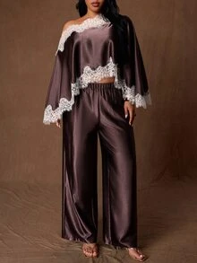 Rustia Setelan 2 Potong Atasan dan Celana Patchwork Berhiaskan Renda Prancis Elegan Ukuran Plus untuk Pesta Koktail Musim Gugur, Warna Cokelat - Purple - View 4