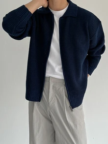 DAZY Áo cardigan len dệt vân cổ bẻ phong cách Hàn Quốc cho nam, thời trang công sở xuân/thu - Màu xanh hải quân - Xem 6