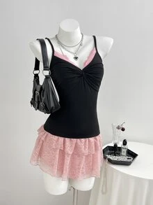 Elamini Women's Contrast Lace Twist Design Fashion Sexy Camisole Going Out Night Out Black And Pink Summer - Black - View 3
