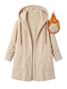 SHEIN LUNE 大尺碼休閒優雅保暖內裡連帽外套，秋冬款，2026新款，女款長袖口袋外套，適合登山、正式場合、萬聖節 - 杏色 - 查看 13