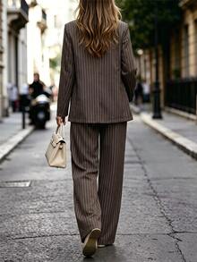Editum Women's Elegant Chic Urban Commute Navy Blue Versatile Essential Daily Striped Blazer Suit Set - Navy Blue - View 2