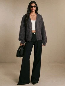 Poéselle Women's Charcoal Gray Fuzzy Wrap Cardigan – Soft V-Neck Open-Front Long-Sleeve Sweater With Relaxed Oversized Fit Brown Sweater Fall Winter Sweater - Brown - View 4