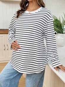 SHEIN Maternity Minimalist Sexy Casual Versatile White Colorblock Long Sleeve T-Shirt,Autumn Formal Office Formal Gender Reveal - Black and White - View 6