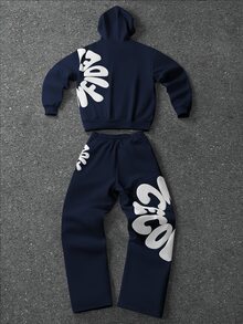PAVTROS Men's Embossed Long Sleeve Hoodie And Drawstring Waist Pants Set - Navy Blue - View 2