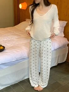 DAZY Women's Solid Color Drop Shoulder Long Sleeve Top, Camisole And Bow Pattern Long Pants Pajama Set Fall - White - View 6