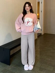 DAZY Autumn/Winter Knit Cute Puppy Pattern Loose Long Sleeve Top & Straight Leg Long Pajama Pants 2pcs Set Women's Sleepwear - Pink - View 7