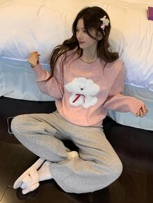DAZY Autumn/Winter Knit Cute Puppy Pattern Loose Long Sleeve Top & Straight Leg Long Pajama Pants 2pcs Set Women's Sleepwear - Pink - View 9