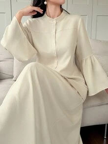 DAZY Women's Elegant Commute Solid Color Bell Sleeve Blouse & Skirt 2 Pieces Set - White - View 1