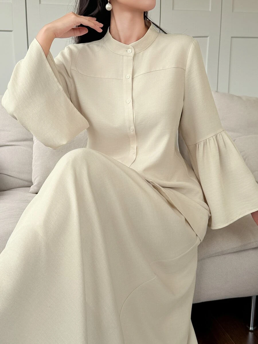 DAZY Women's Elegant Commute Solid Color Bell Sleeve Blouse & Skirt 2 Pieces Set - White - View 1