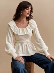 CielaLinda Damtröja i mohair med volang, ballongärmar och peplum, vit stickad topp - Grädde - Visa 3
