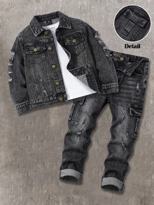 SHEIN Kids 2Pcs/Set Young Boy Distressed Vintage Basic Frayed Blue Denim Long-Sleeved Jacket And Cargo Jeans, Fall/Winter , For Young Boys Back To School - Black - View 1