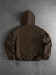 Manfinity Roghcode 男士休閒連帽雙層設計運動街頭風寬鬆圖案半拉鍊彈性抽繩下擺海灘俱樂部深棕色秋季 - 巧克力棕 - 查看 2