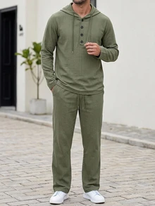 DAZY Spring/Autumn Military Green Hooded Pullover Button Half-Zip Elastic Waist Pants Men's Hoodie Set - Army Green - View 6