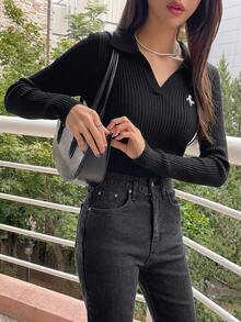DAZY 女款刺繡裝飾商務休閒套頭毛衣 - 黑色 - 查看 2