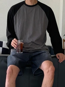 DAZY 春秋款黑色與深灰色拼接配色韓式男士長袖落肩袖T恤 - 深灰色 - 查看 5