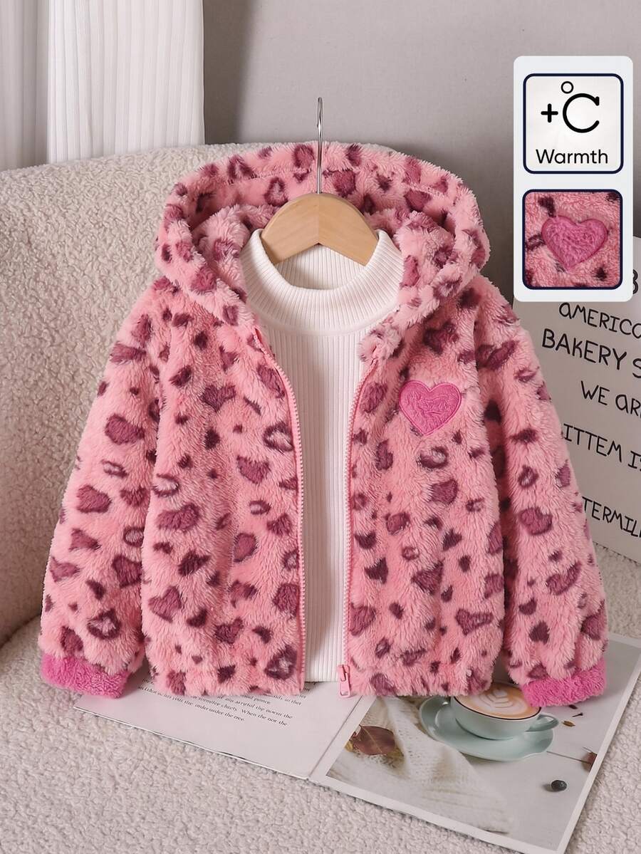 SHEIN Genkimix Kids 女童秋冬休閒時尚豹紋抓絨拉鍊連帽開襟外套 - 粉色 - 查看 1