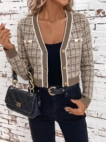 SHEIN Clasi 1件女款白色金邊修身短版開襟衫，格紋圖案，適合秋季/辦公室早午餐優雅穿搭 - 彩色 - 查看 3