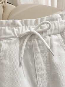 SHEIN Tween Girl) Denim Jeans, All-Season New Casual Fashion Minimalist Versatile Style, Elastic Waistband With Drawstring Design, Adjustable, Classic Versatile White Washed Soft Denim Straight Leg Pants - White - View 3