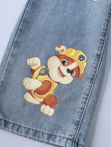 SHEIN | PAW Patrol Young Girl Cartoon Pattern Pocket Button Casual Daily Denim Jeans - Blue - View 5
