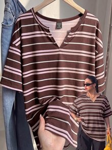 Muchica 大尺碼女款復古休閒可愛優雅棕色條紋寬鬆短袖缺口V領T恤 春夏外出度假海灘穿搭 - 棕色 - 查看 1