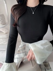 FRIFUL Women's Elegant Casual Ribbed Black Lantern Sleeve Patchwork T-Shirt Office Autumn - Black - View 2