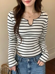 DAZY Camiseta de manga larga con rayas para mujer, capa base corta - Negro - Ver 2