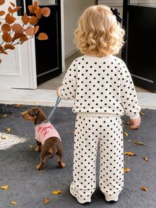 Baby Girl Vintage Cute Dopamine Black & White Contrast Polka Dot Soft Thick Long Sleeve Crew Neck Pullover Sweatshirt & Wide Leg Pants Set, Suitable For Autumn/Winter, Korean Style, Casual Comfortable, Fashion Kids Wear, Y2K, Vacation Comfort - Multicolor - View 8