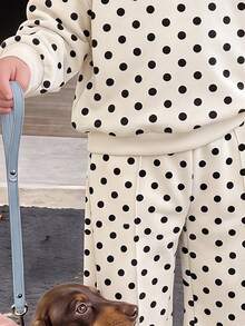 Baby Girl Vintage Cute Dopamine Black & White Contrast Polka Dot Soft Thick Long Sleeve Crew Neck Pullover Sweatshirt & Wide Leg Pants Set, Suitable For Autumn/Winter, Korean Style, Casual Comfortable, Fashion Kids Wear, Y2K, Vacation Comfort - Multicolor - View 10