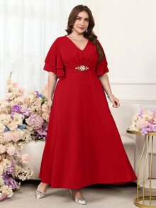 Reflora Plus Size Women's V-Neck Ruffle Short Sleeve Waist Rhinestone Decor Elegant Dress - Red - View 6