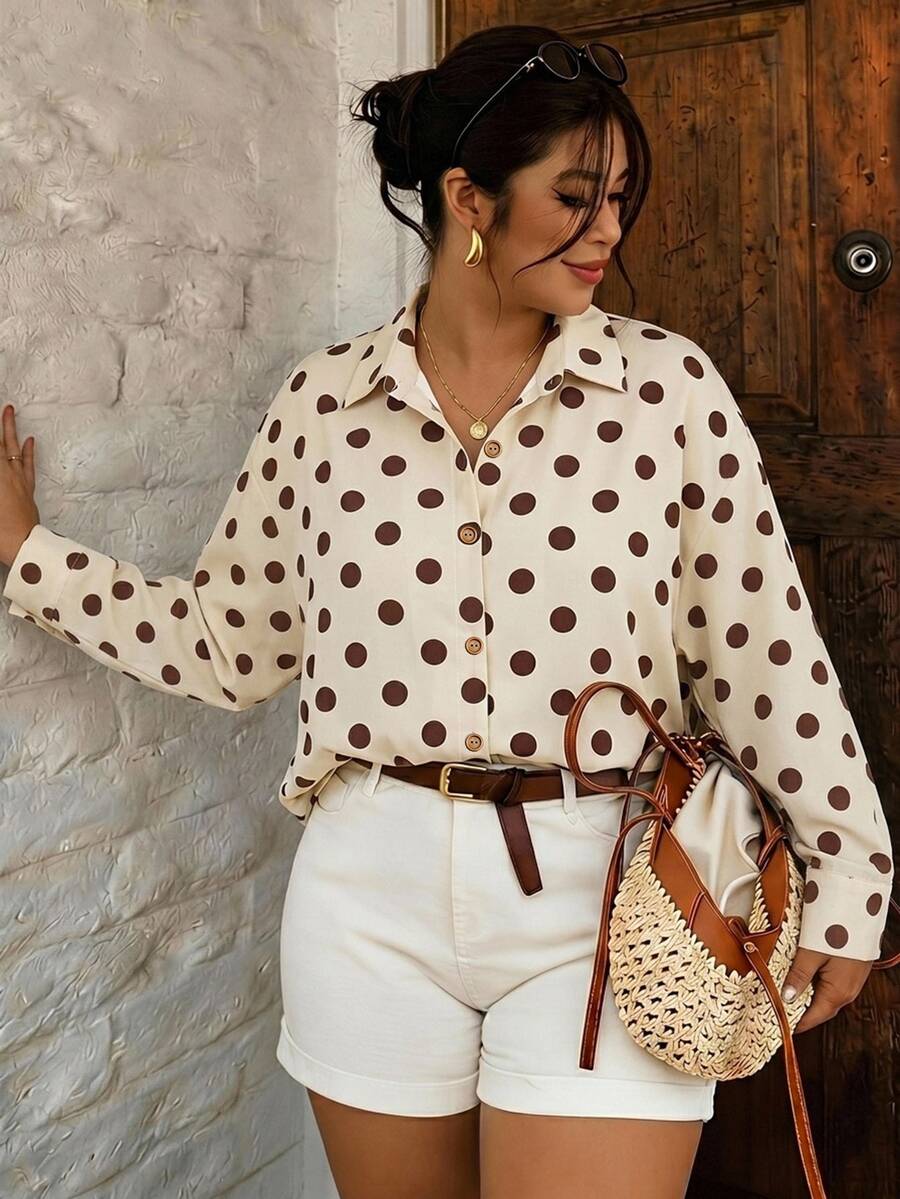 SHEIN Frenchy 復古圓點印花大尺碼女款休閒長袖鈕扣領襯衫 - 彩色 - 查看 1