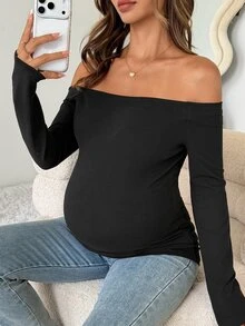 Dazy Maternity Solid Color Fitted Elastic Square Neck Long Sleeve Casual Vacation Spring/Autumn Maternity T-Shirt - Black - View 3