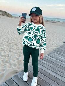 女童可愛休閒學院風愛心印花長袖上衣與粉色長褲2件套 - 墨綠色 - 查看 3