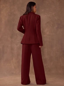 SHEIN BAE 女款純色長袖夾克與長褲休閒套裝 - 紅色 - 查看 2