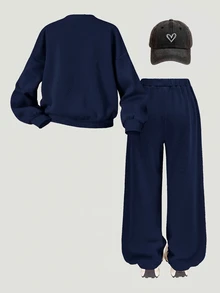 SHEIN 青少年女孩休閒「LA」字母印花針織純色寬鬆落肩長袖衛衣與百褶寬腿運動褲套裝，女孩秋季服飾，女孩秋季穿搭，女孩冬季服飾 - 藍色 - 查看 2