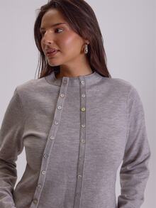 MUSERA Plus Size Grey Button Detail Long Sleeve Top Winter Fall Womens Outfit Casual - Khaki - View 5