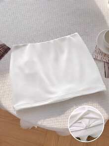 SHEIN Tween女孩白色秋冬休閒百搭抓絨內裡厚實羅紋低腰裙，內含內褲，兒童休閒純色低腰迷你裙 - 白色 - 查看 3