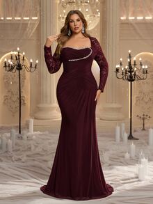 Glamrae Plus Size Elegant Burgundy Minimalist Sophisticated High Elastic Mesh Lace Sequin Embroidered Sheer Long Sleeve Sequins & Diamond Decor Waist-Flattering Ruched A-Line Mermaid Hem Evening Gown For Date, Single Party, Wedding, Event, Heavy Work Formal Dinner - Burgundy - View 1